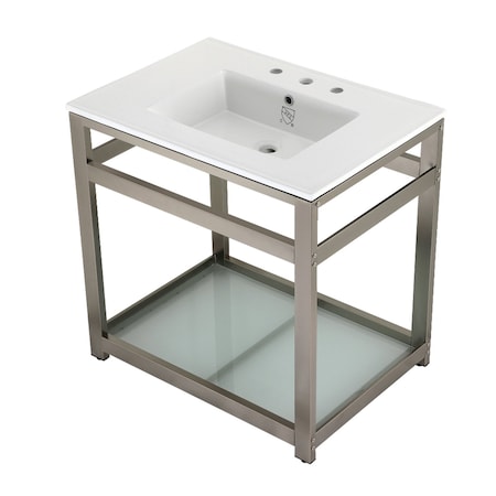 Kingston Brass VWP3122W8B8 31" Ceramic Console Sink (8", 3-Hole), White/Brushed Nickel VWP3122W8B8